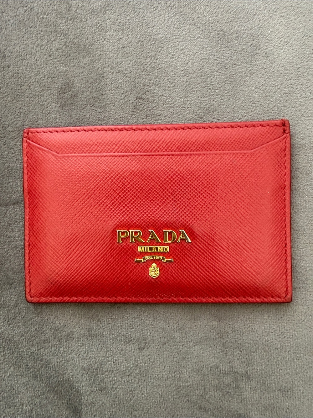 Prada Red Saffiano Leather Card Holder Wallet Gold Logo